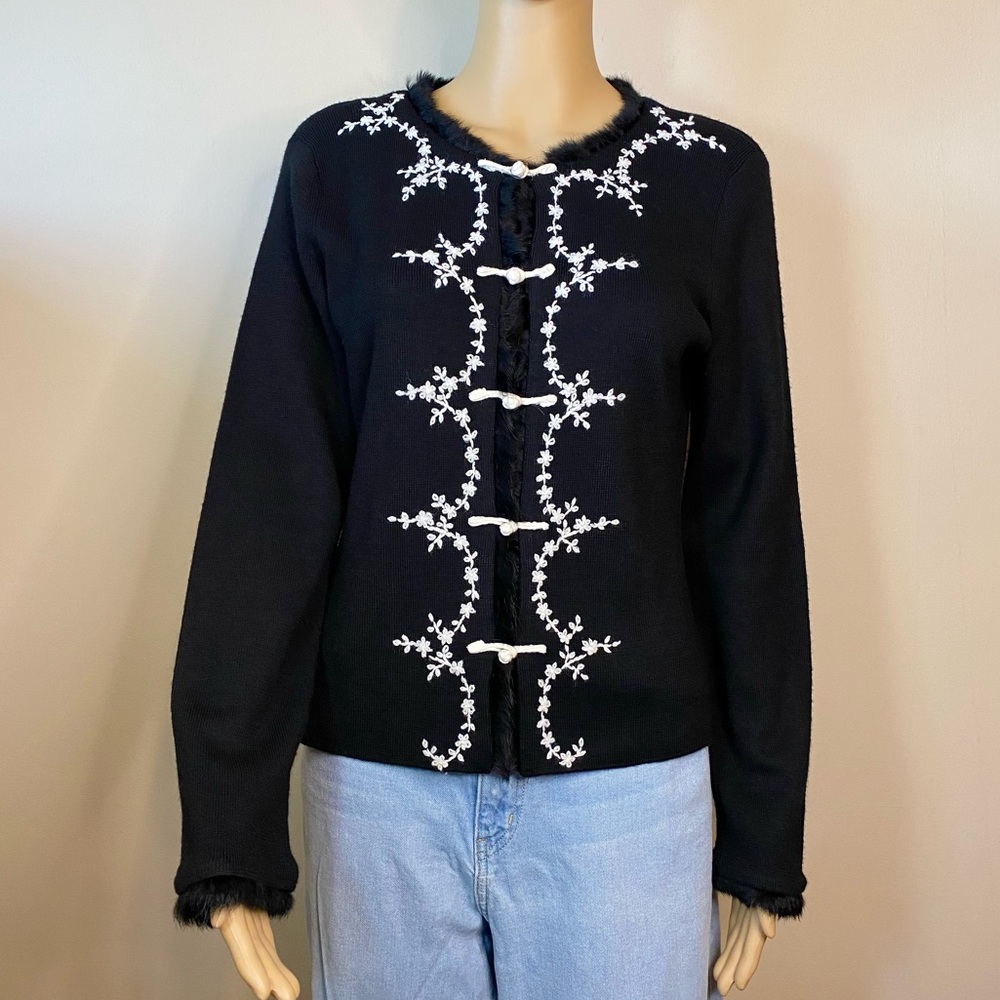 Vintage Adrianna Papell Faux Fur Trim Knit Cardigan